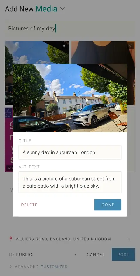 Composer for posting photos on Kowloon, with title and alt text fields