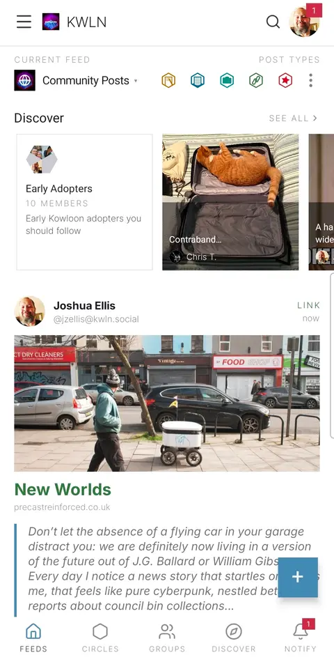 Kowloon home feed showing the Discover row and a shared link post